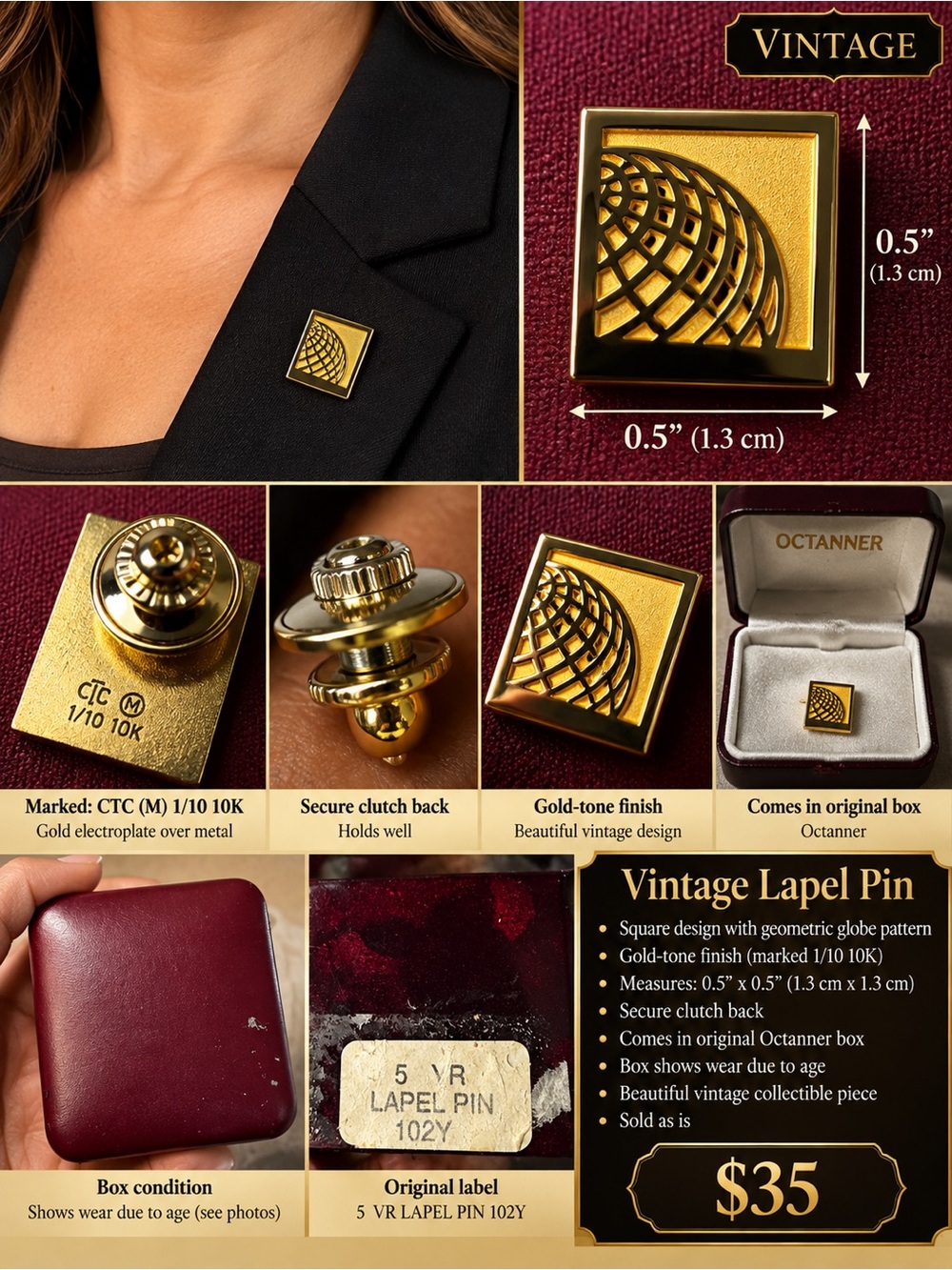 Vintage Gold-Tone Square Lapel Pin by